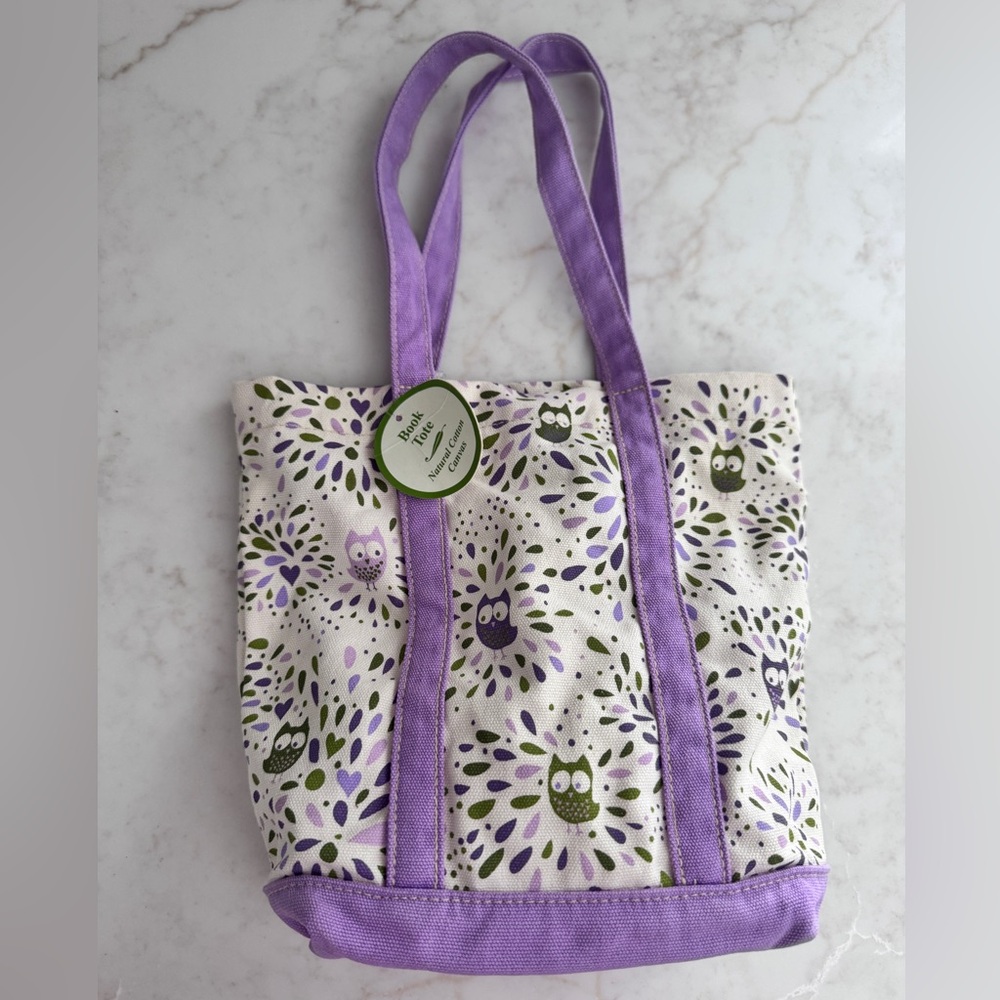 Purple Owl Print Canvas Book Tote Bag